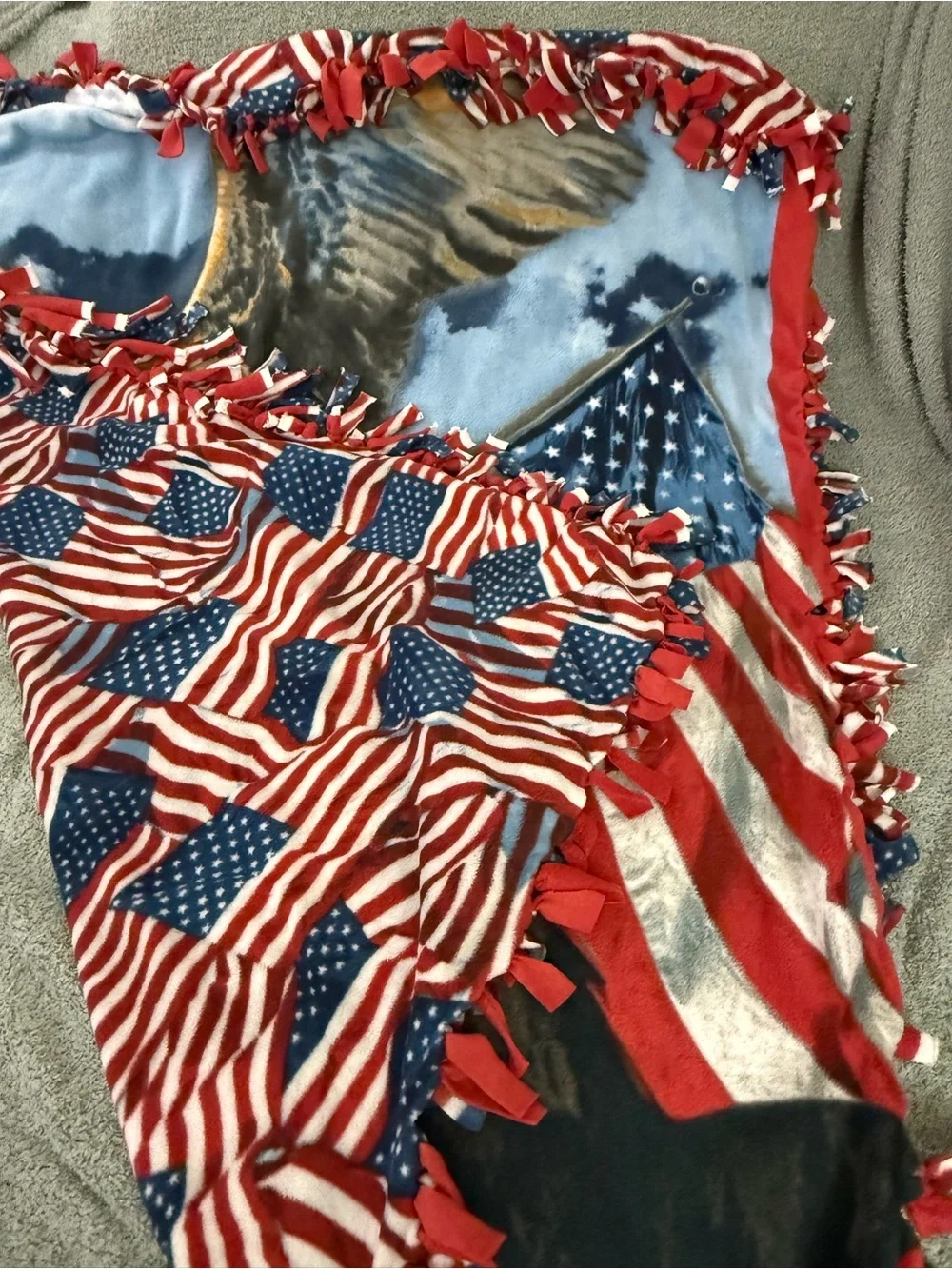 Patriotic Themed & Bald Eagle Flying Reversible 55” X 67” Fleece Tied Blanket